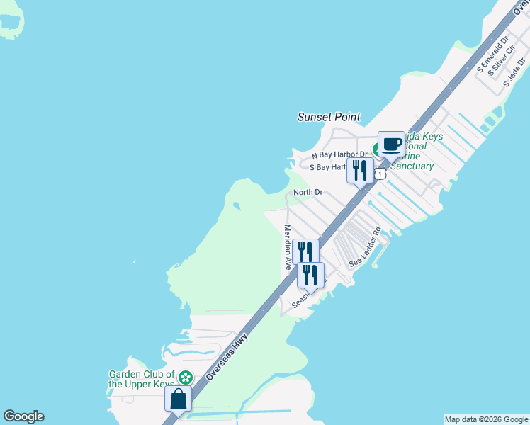 map of restaurants, bars, coffee shops, grocery stores, and more near 116 South Drive in Key Largo