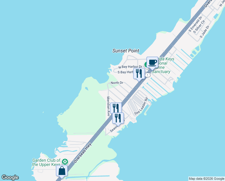 map of restaurants, bars, coffee shops, grocery stores, and more near 313 Bayview Avenue in Key Largo