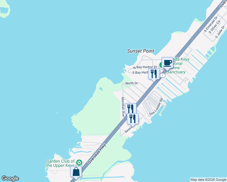 map of restaurants, bars, coffee shops, grocery stores, and more near 116 South Drive in Key Largo