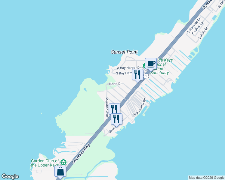 map of restaurants, bars, coffee shops, grocery stores, and more near 313 Bayview Avenue in Key Largo