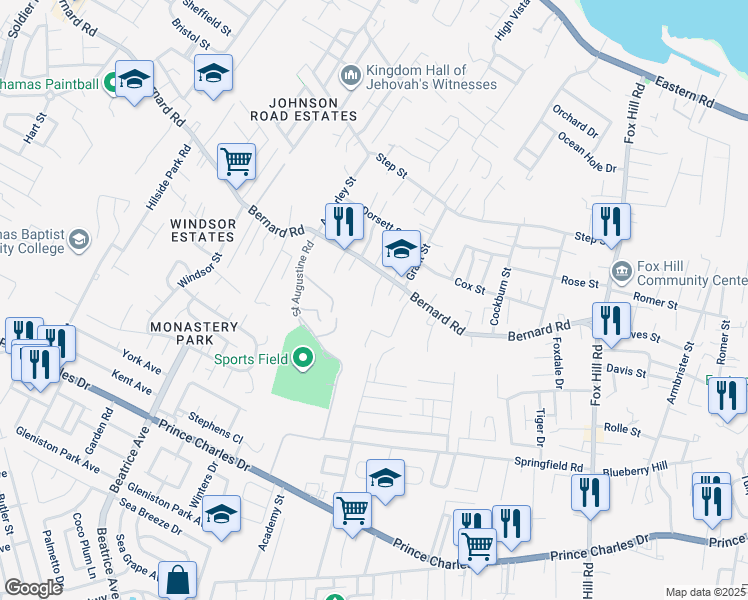 map of restaurants, bars, coffee shops, grocery stores, and more near Rahming Court in Nassau