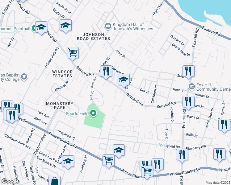 map of restaurants, bars, coffee shops, grocery stores, and more near Rahming Court in Nassau