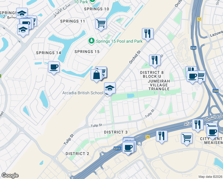 map of restaurants, bars, coffee shops, grocery stores, and more near 135 4 Road in Dubai
