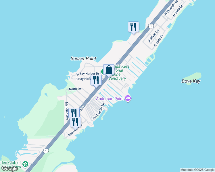 map of restaurants, bars, coffee shops, grocery stores, and more near 95165 U.S. 1 in Key Largo