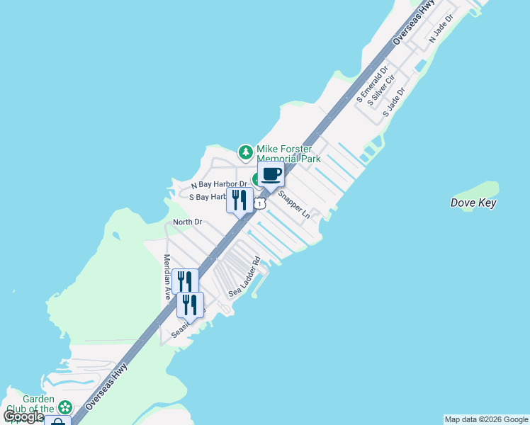 map of restaurants, bars, coffee shops, grocery stores, and more near 95165 U.S. 1 in Key Largo