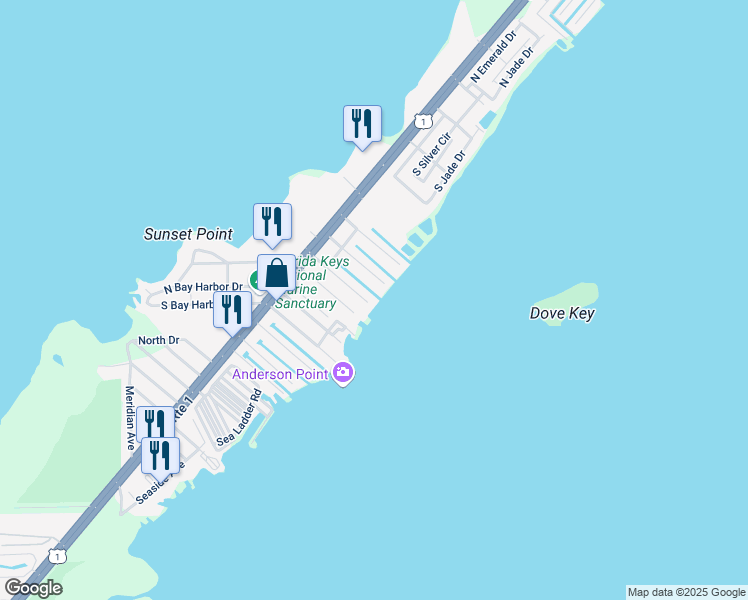 map of restaurants, bars, coffee shops, grocery stores, and more near 1009 Dove Road in Key Largo