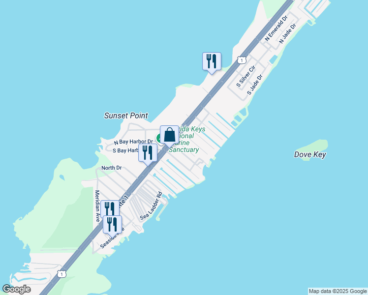 map of restaurants, bars, coffee shops, grocery stores, and more near 95295 Overseas Highway in Key Largo