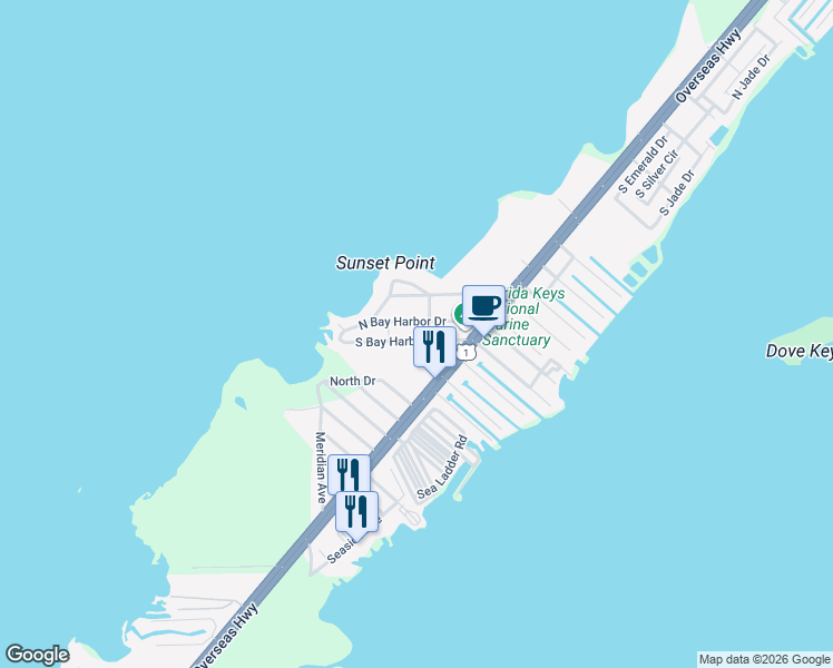 map of restaurants, bars, coffee shops, grocery stores, and more near 67 North Bay Harbor Drive in Key Largo