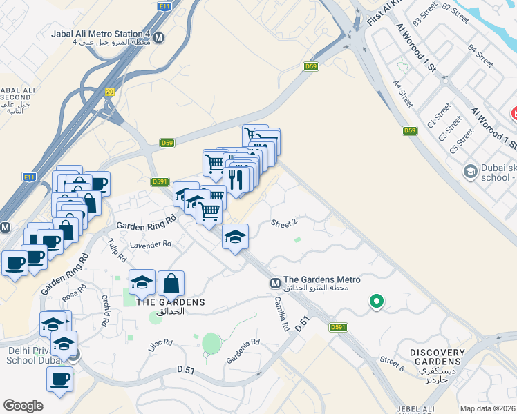 map of restaurants, bars, coffee shops, grocery stores, and more near Street 2 in Dubai