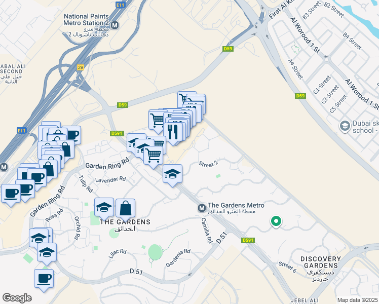 map of restaurants, bars, coffee shops, grocery stores, and more near Street 2 in Dubai
