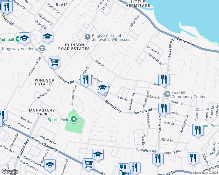 map of restaurants, bars, coffee shops, grocery stores, and more near Grant St in Nassau
