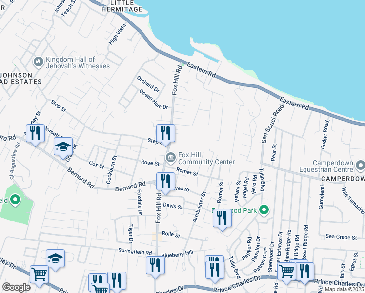 map of restaurants, bars, coffee shops, grocery stores, and more near Fox Hill Road in Nassau
