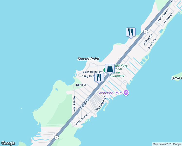 map of restaurants, bars, coffee shops, grocery stores, and more near 139 North Bay Harbor Drive in Key Largo
