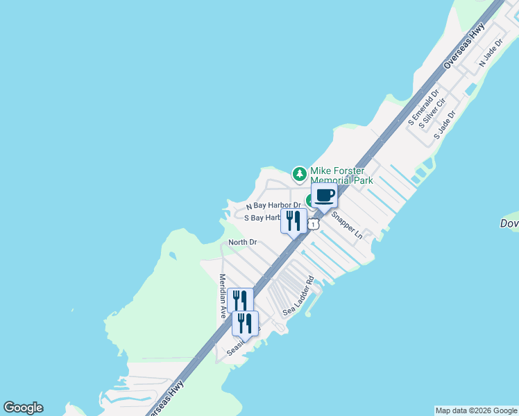 map of restaurants, bars, coffee shops, grocery stores, and more near 53 North Bay Harbor Drive in Key Largo