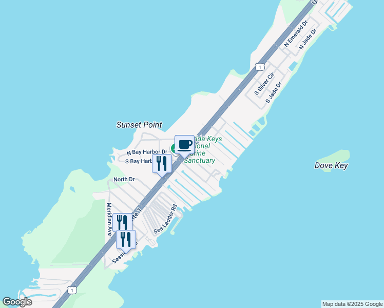 map of restaurants, bars, coffee shops, grocery stores, and more near 95295 Overseas Highway in Key Largo