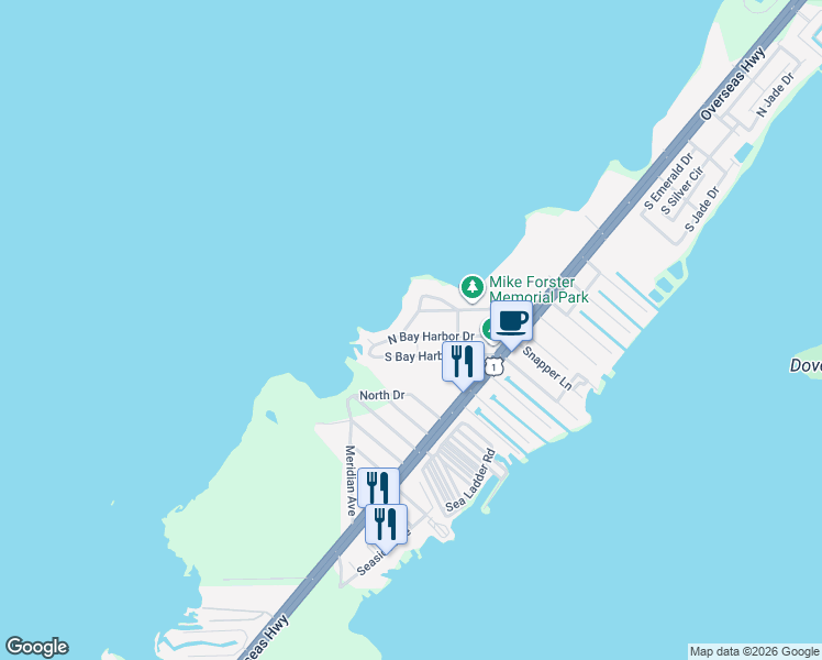 map of restaurants, bars, coffee shops, grocery stores, and more near 53 N Bay Harbor Dr in Key Largo