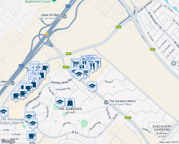 map of restaurants, bars, coffee shops, grocery stores, and more near 10 Ibn Battuta Street in Dubai