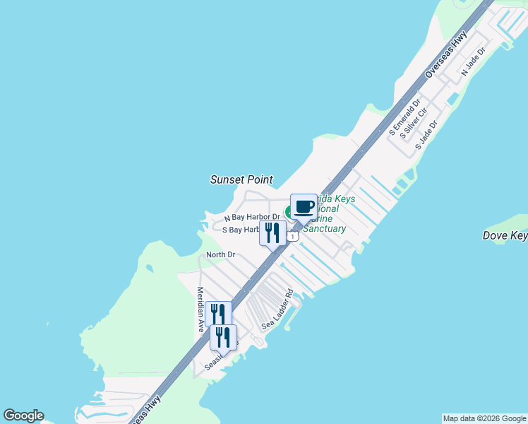 map of restaurants, bars, coffee shops, grocery stores, and more near 67 North Bay Harbor Drive in Key Largo