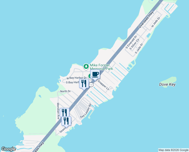 map of restaurants, bars, coffee shops, grocery stores, and more near 89 N Bay Harbor Dr in Key Largo