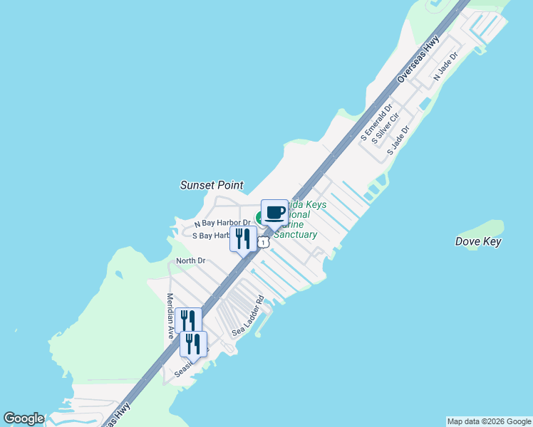 map of restaurants, bars, coffee shops, grocery stores, and more near 89 N Bay Harbor Dr in Key Largo