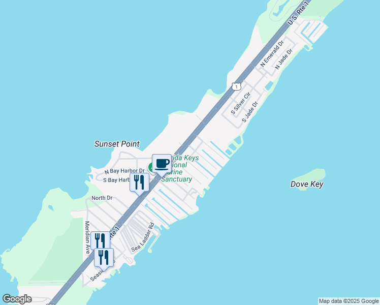 map of restaurants, bars, coffee shops, grocery stores, and more near 905 Red Bird Road in Key Largo