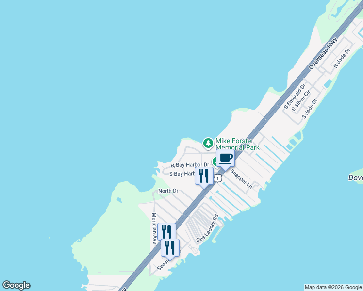 map of restaurants, bars, coffee shops, grocery stores, and more near 54 Sunset Road in Key Largo