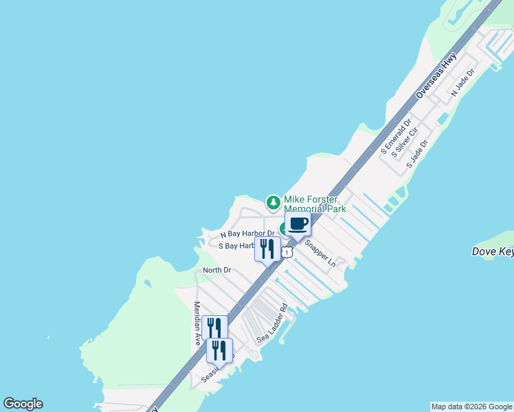 map of restaurants, bars, coffee shops, grocery stores, and more near 28 Sunset Road in Key Largo