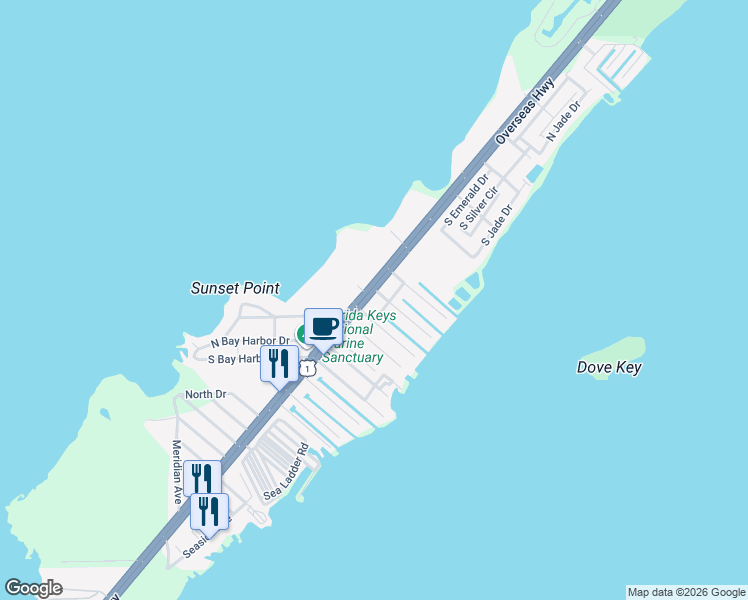 map of restaurants, bars, coffee shops, grocery stores, and more near 95431 Overseas Highway in Key Largo