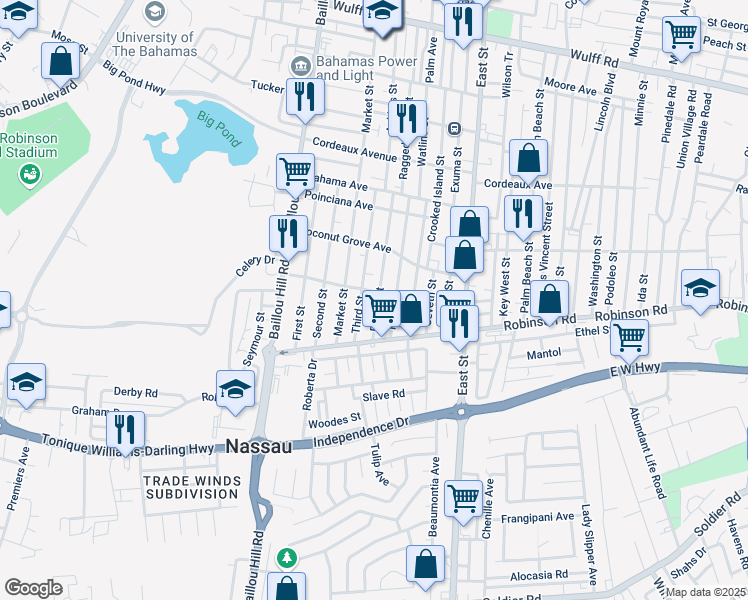 map of restaurants, bars, coffee shops, grocery stores, and more near Third Street in Nassau