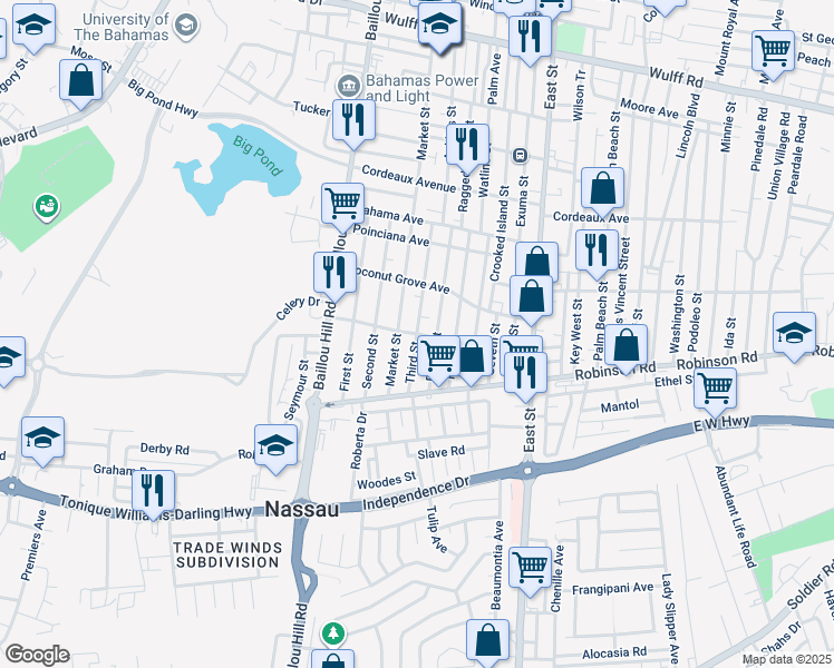 map of restaurants, bars, coffee shops, grocery stores, and more near Third Street in Nassau