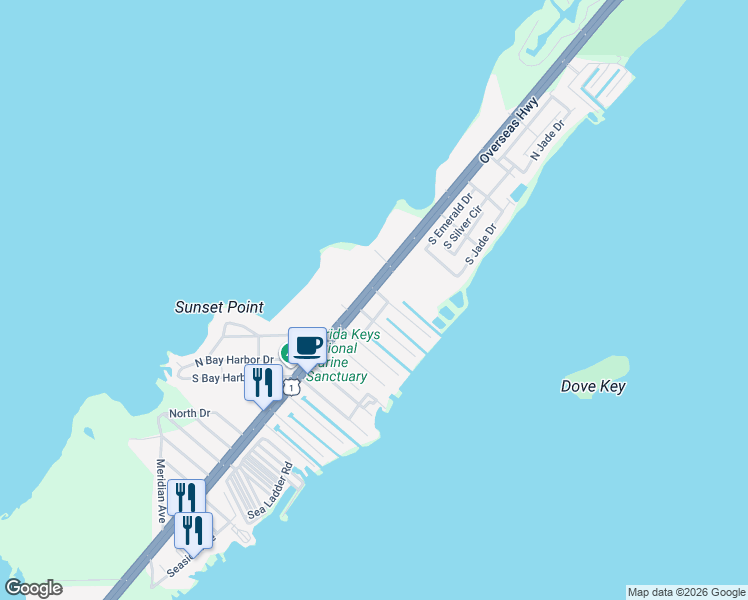 map of restaurants, bars, coffee shops, grocery stores, and more near 95431 Overseas Highway in Key Largo