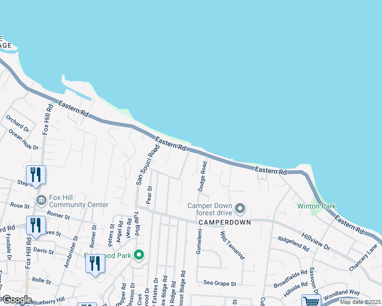 map of restaurants, bars, coffee shops, grocery stores, and more near Eastern Road in Nassau