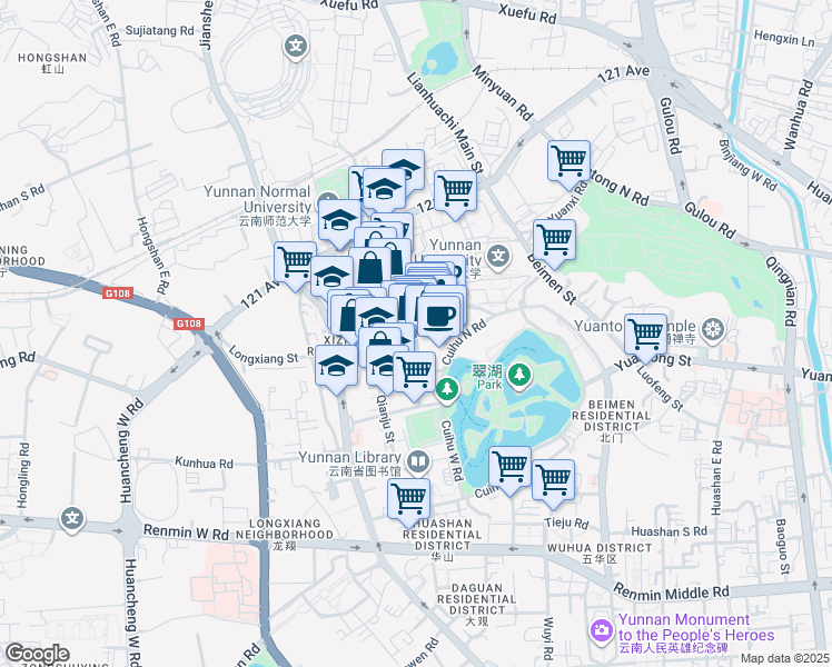 map of restaurants, bars, coffee shops, grocery stores, and more near Wen Lin Jie in Kun Ming Shi