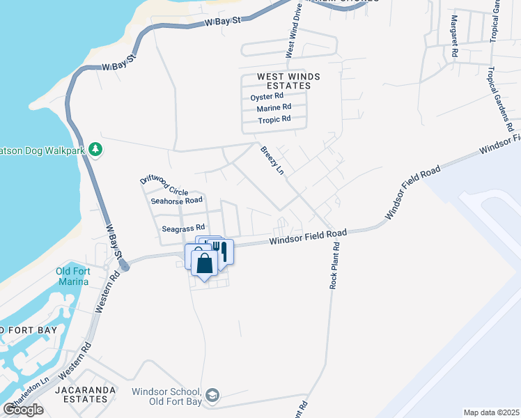 map of restaurants, bars, coffee shops, grocery stores, and more near Windsor Field Road in Nassau