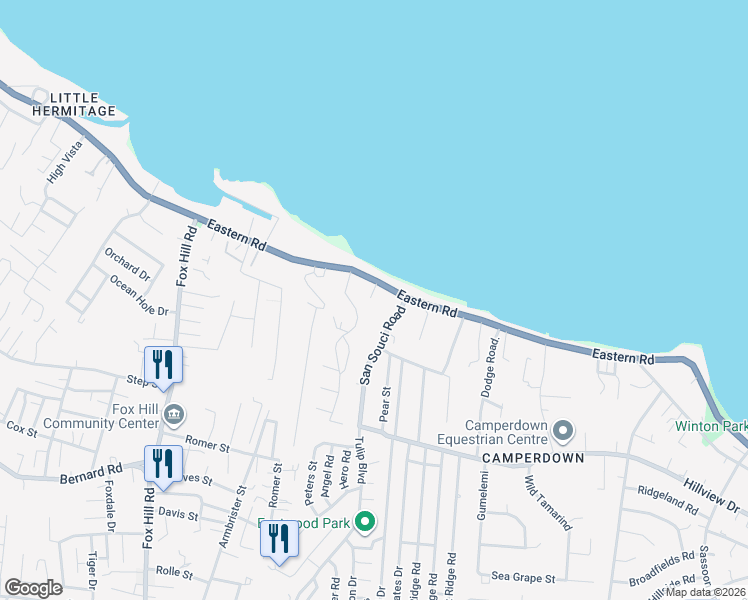 map of restaurants, bars, coffee shops, grocery stores, and more near Eastern Road in Nassau