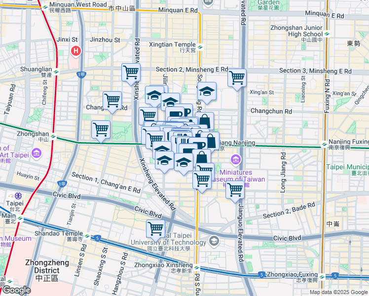 map of restaurants, bars, coffee shops, grocery stores, and more near 104 Section 2, Nanjing East Road in Zhongshan District
