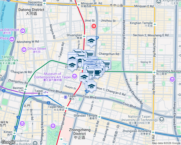 map of restaurants, bars, coffee shops, grocery stores, and more near 6 Nanjing West Road in Zhongshan District