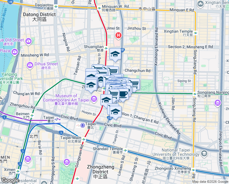 map of restaurants, bars, coffee shops, grocery stores, and more near 6 Nanjing West Road in Zhongshan District
