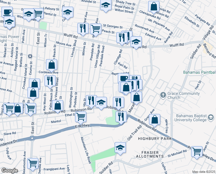 map of restaurants, bars, coffee shops, grocery stores, and more near Unnamed Road in Nassau