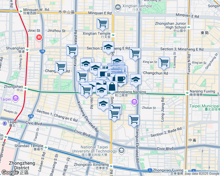 map of restaurants, bars, coffee shops, grocery stores, and more near 126 SongJiang Road in Zhongshan District