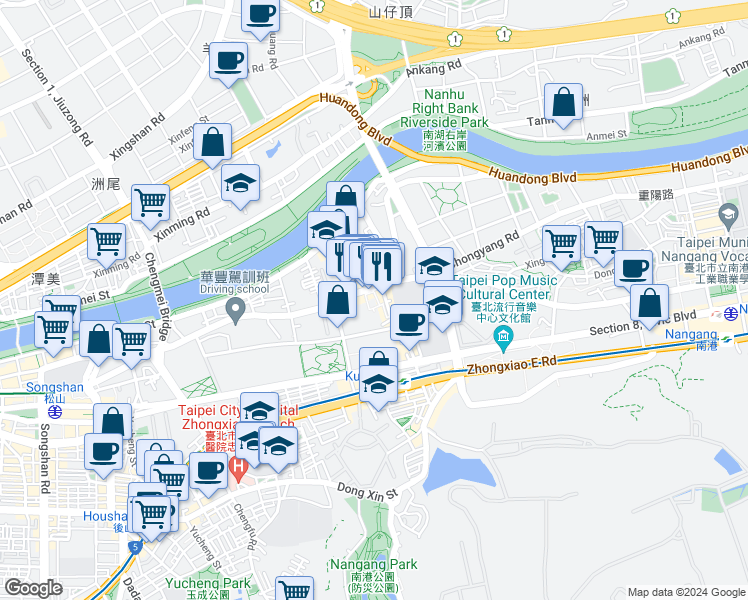 map of restaurants, bars, coffee shops, grocery stores, and more near 9號 Section 3, Nangang Road in Nangang District