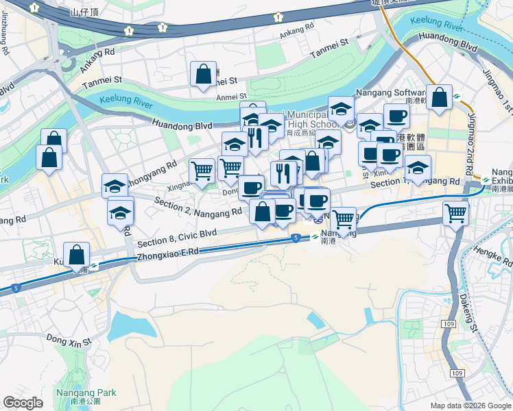 map of restaurants, bars, coffee shops, grocery stores, and more near 78 Section 2, Nangang Road in Nangang District
