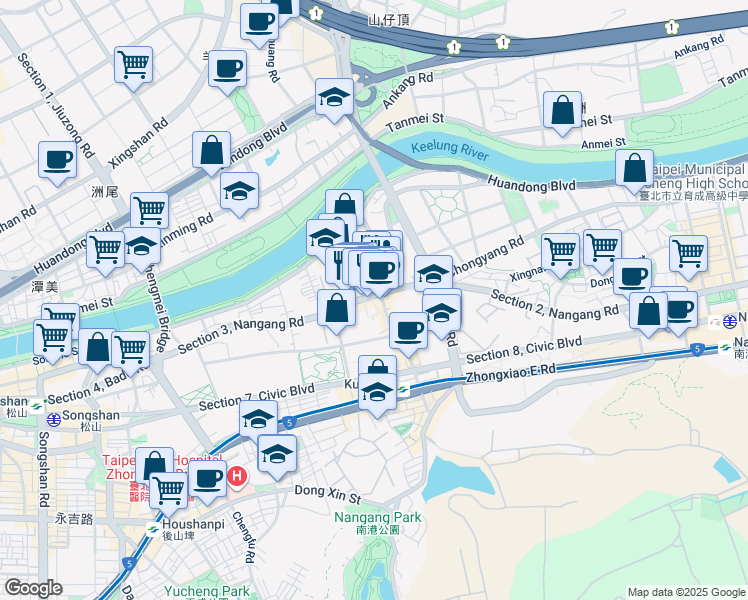 map of restaurants, bars, coffee shops, grocery stores, and more near 9號 Section 3, Nangang Road in Nangang District