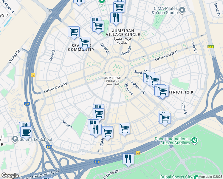 map of restaurants, bars, coffee shops, grocery stores, and more near Lazuward South West in Dubai
