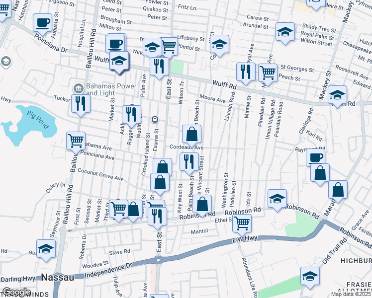 map of restaurants, bars, coffee shops, grocery stores, and more near Cordeaux Avenue in Nassau