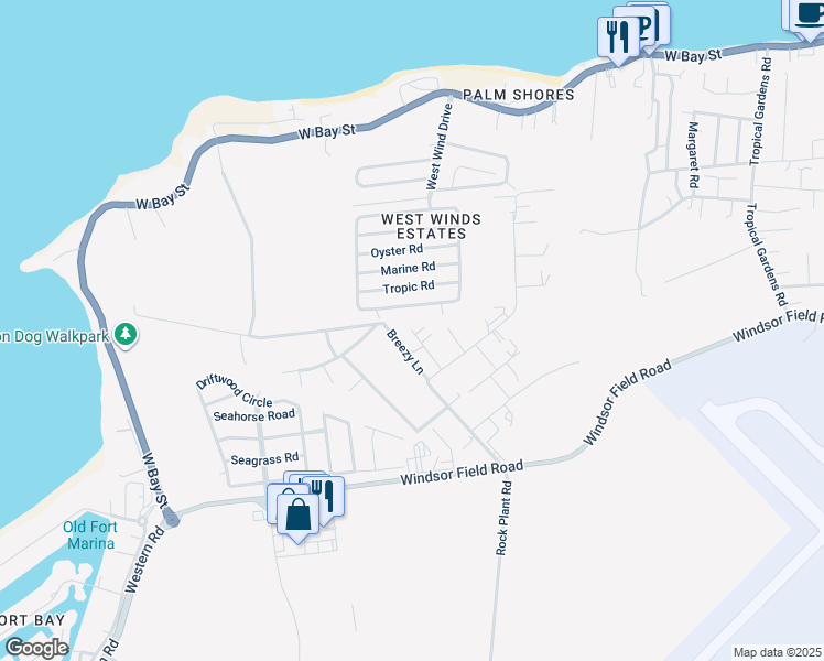 map of restaurants, bars, coffee shops, grocery stores, and more near Myrtle Close in Nassau