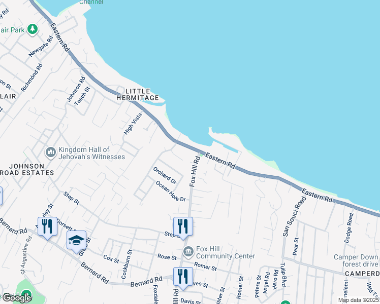 map of restaurants, bars, coffee shops, grocery stores, and more near NA Eastern Road in Nassau