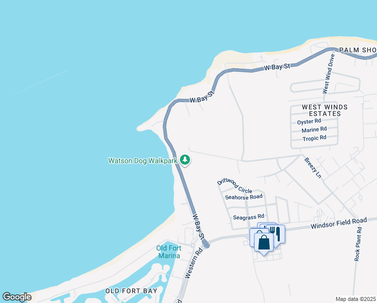 map of restaurants, bars, coffee shops, grocery stores, and more near West Bay Street in Nassau