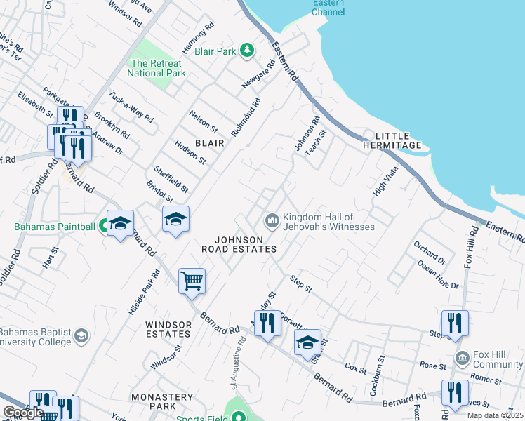 map of restaurants, bars, coffee shops, grocery stores, and more near Barlett Street in Nassau