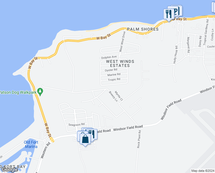 map of restaurants, bars, coffee shops, grocery stores, and more near Tropic Road in Nassau